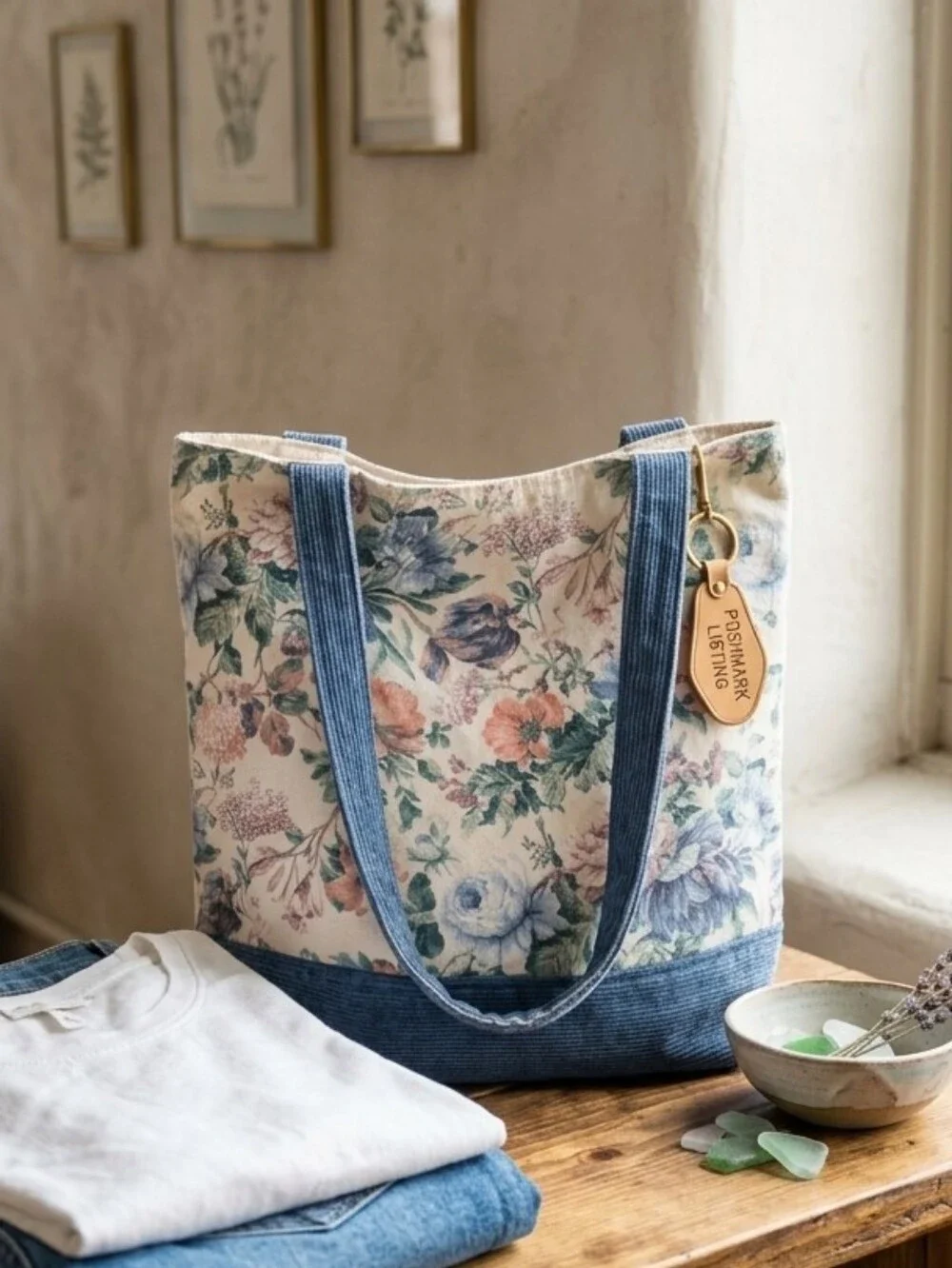 Vintage Isabella Rose Floral Tapestry Tote Bag Blue Corduroy Cottagecore Shoulde